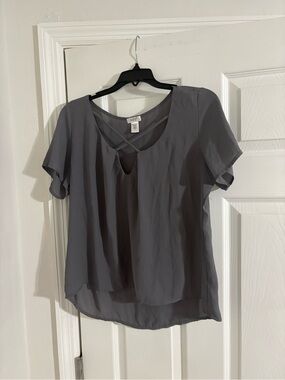 A New Day Gray Crisscross Neck Short Sleeve Blouse